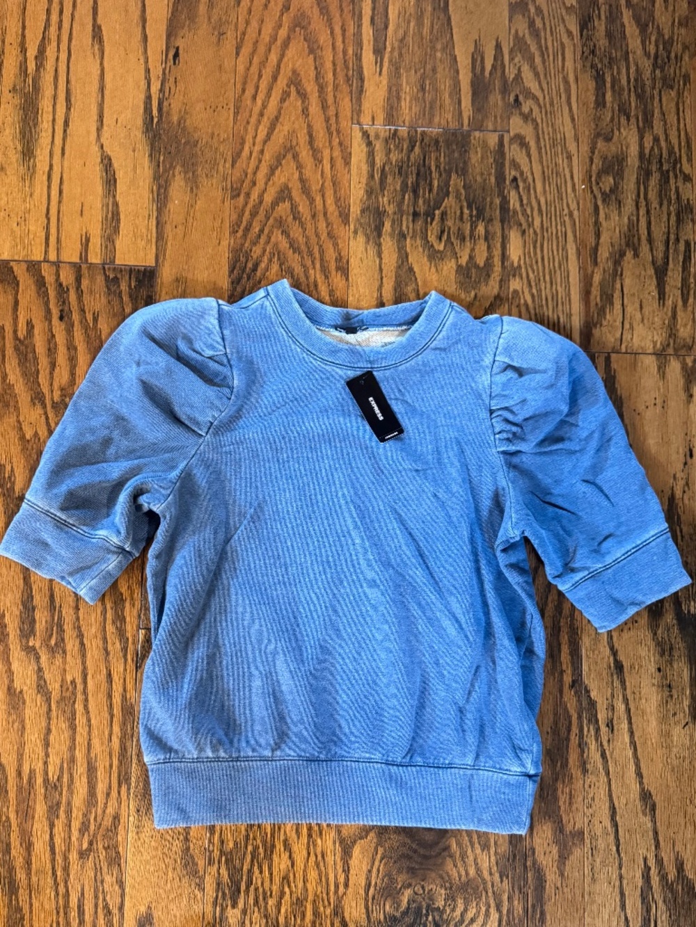 Washed Blue Crew Neck Short Puff Sleeve Fleece Sweatshirt SZ XS NWT